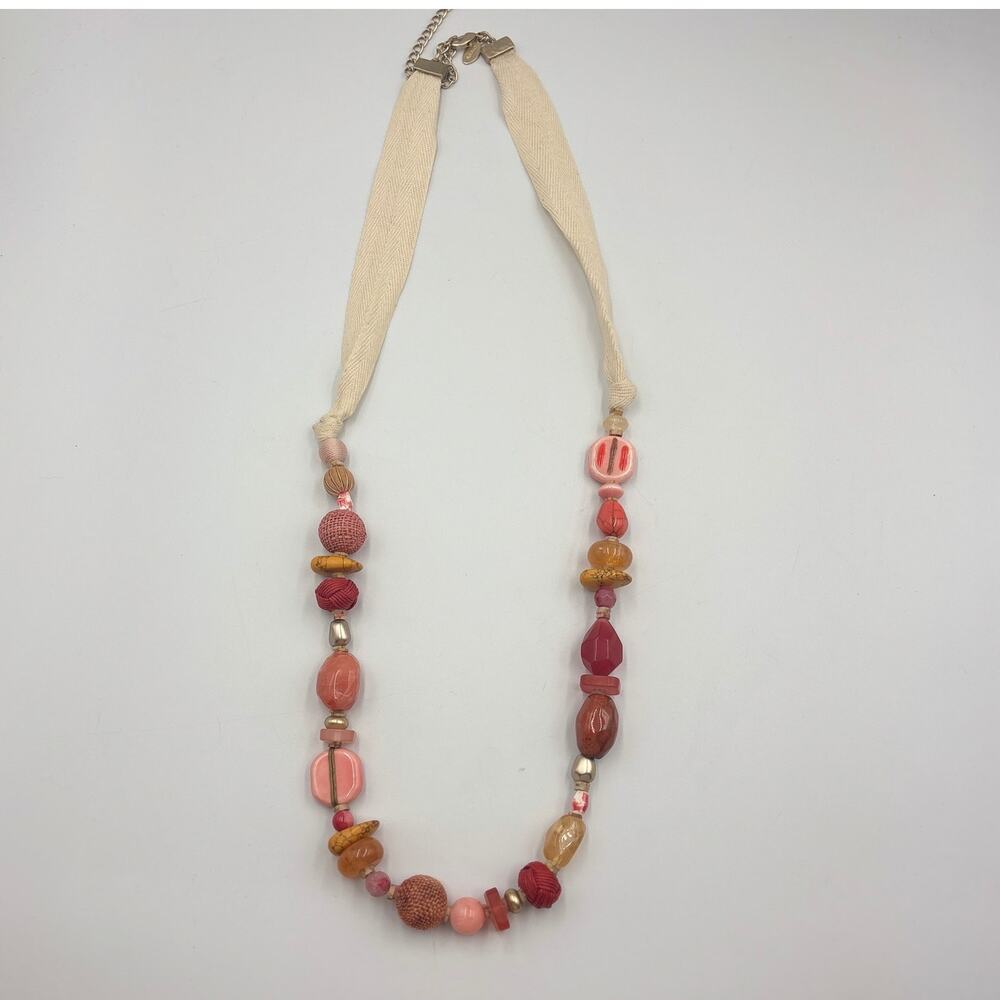 Chico's Pink Red Beaded Statement Necklace Cream Ribbon Long Chunky